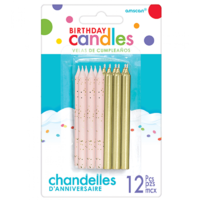 Birthday Candles Pink Glitter and Gold Metallic 8.5cm 12 Pack